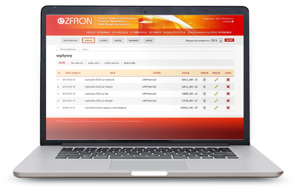 Laptop z otworzaoną stroną internetową aplikacji e-ZFRON
